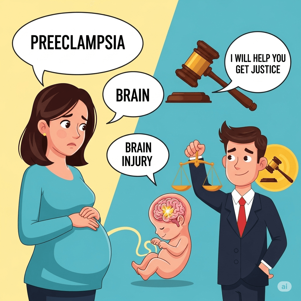 create me a cartoon pohoto for Preeclampsia Fetal Brain Injury Lawyer